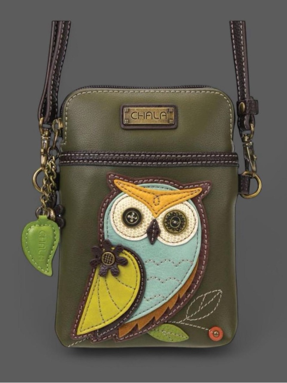 Chala Olive Green Owl Applique Crossbody Bag